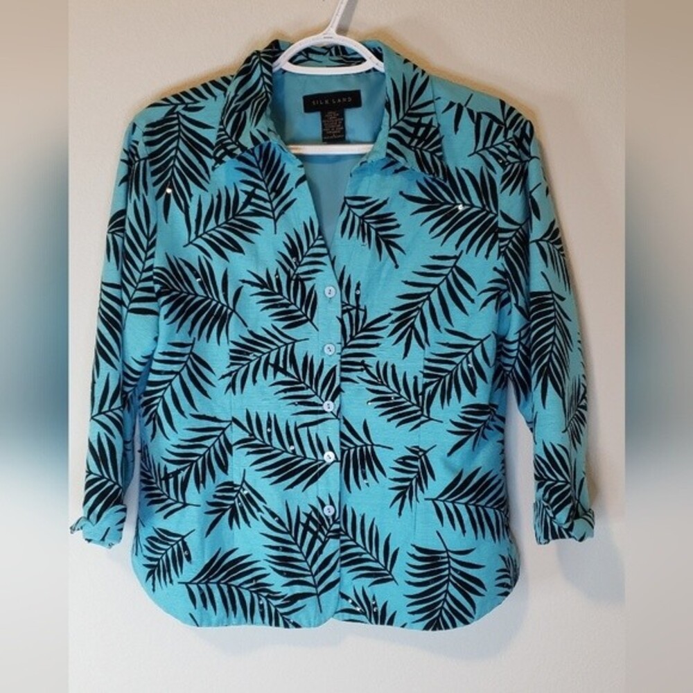 🦉Silk Land Blazer Rhinestone Palm Leaves Size L
